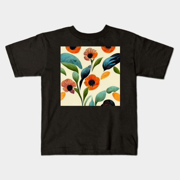 Seamless pattern of summer colored flowers and leaves Kids T-Shirt by Riverside-Moon